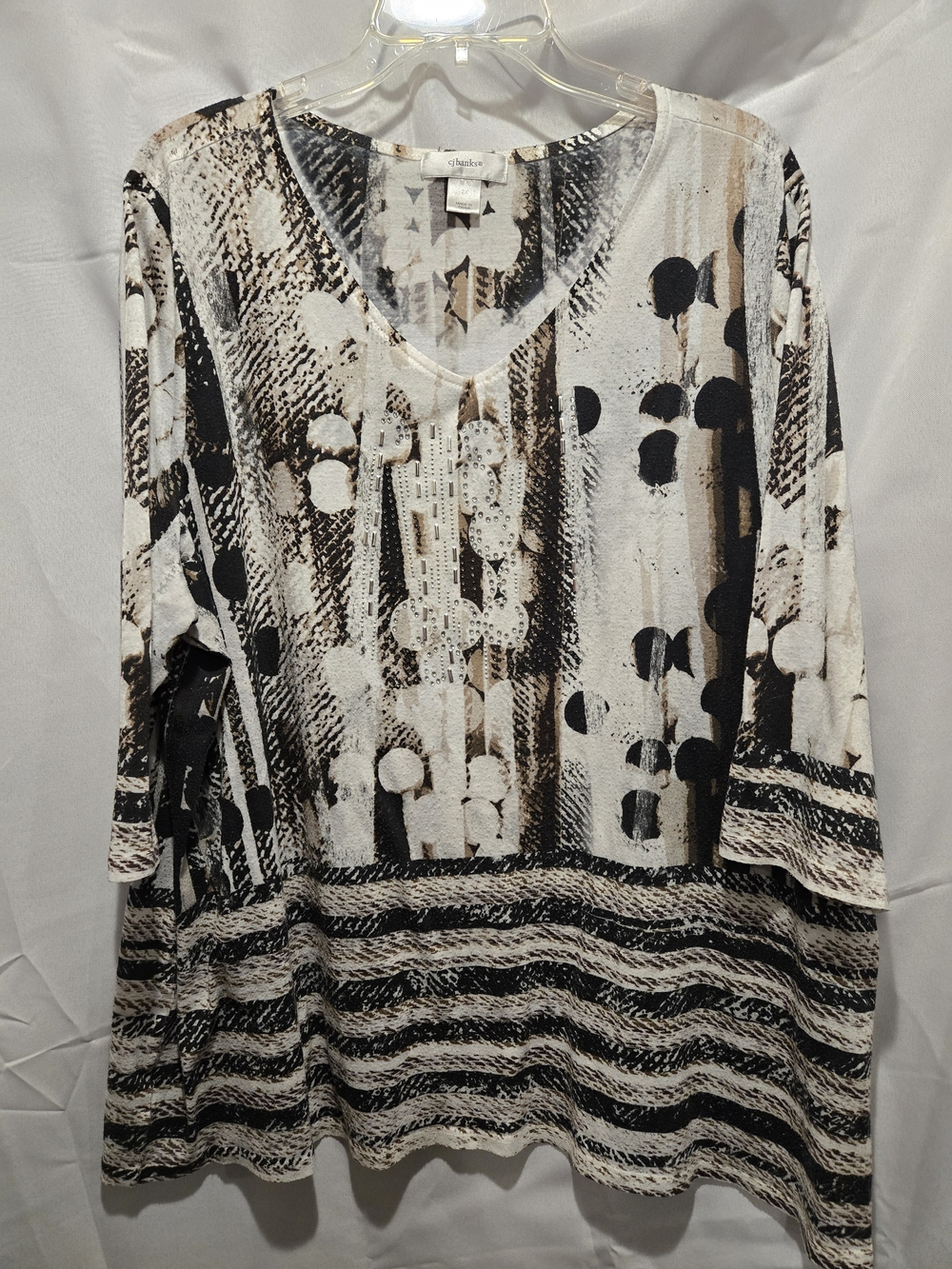 CJ Banks Black, Cream & Brown Abstract V-Neck Tunic